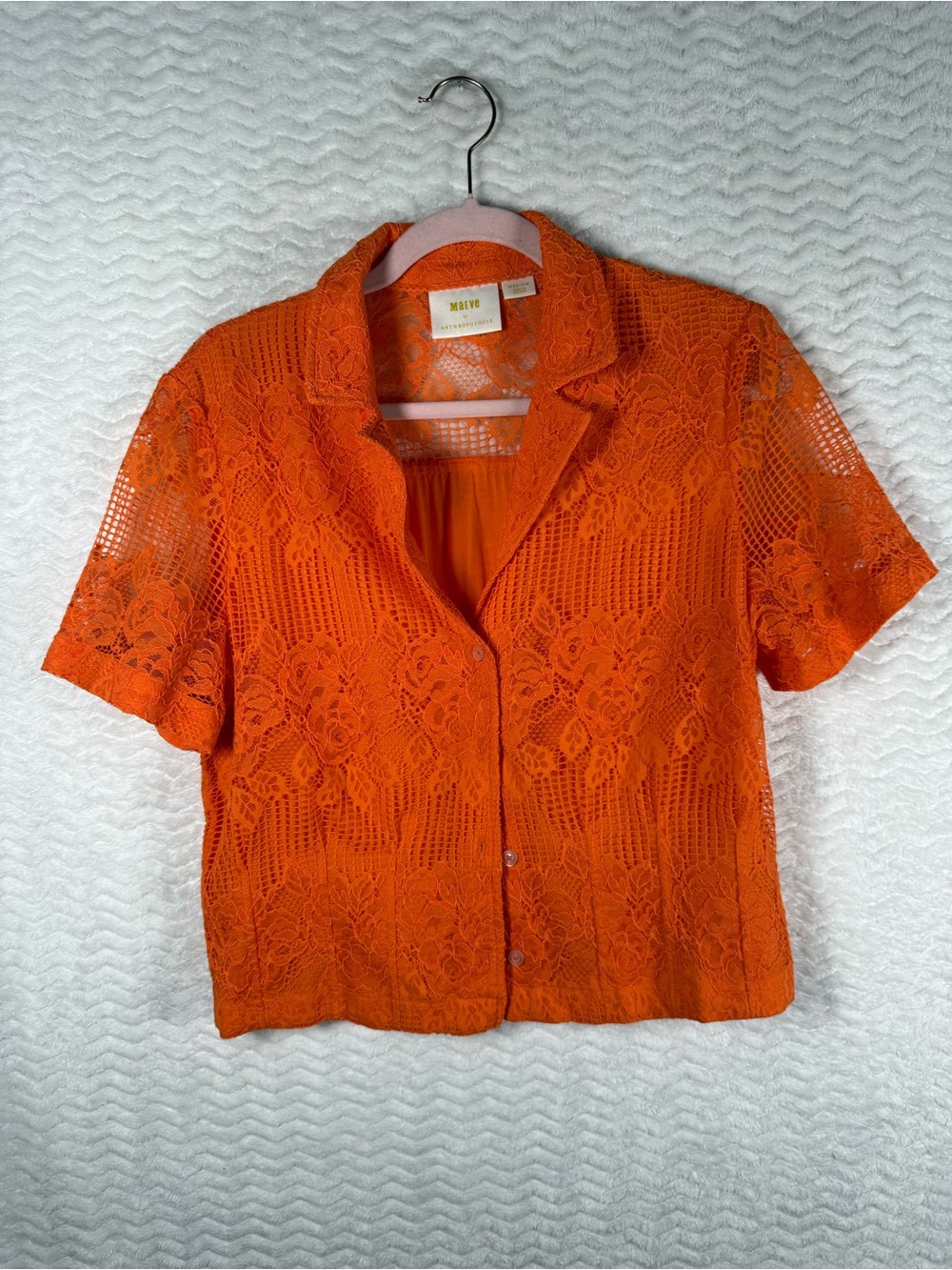 Anthropologie Orange Lace Short-Sleeve Button-Front Shirt